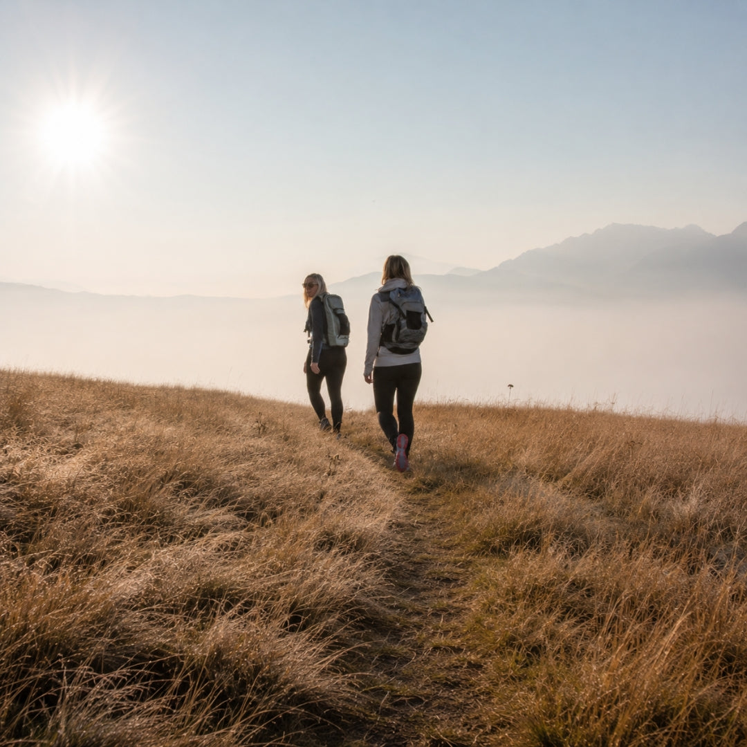 Two hikers with backpacks trekking up a steep misty mountain trail
